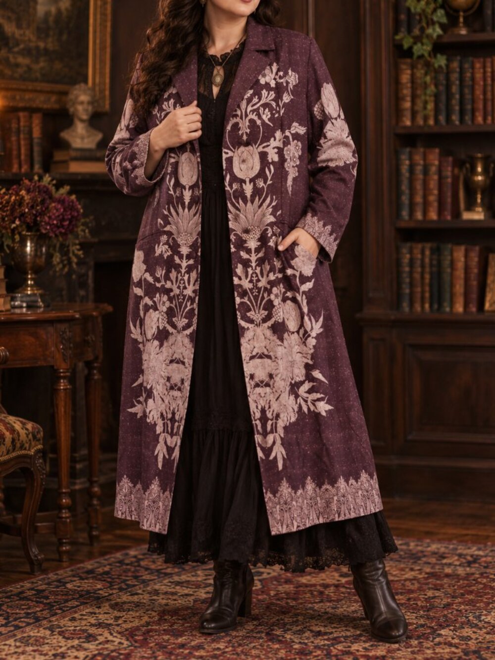 Soft Surroundings Masterpiece Duster XL Plum Floral Long Coat Jacket